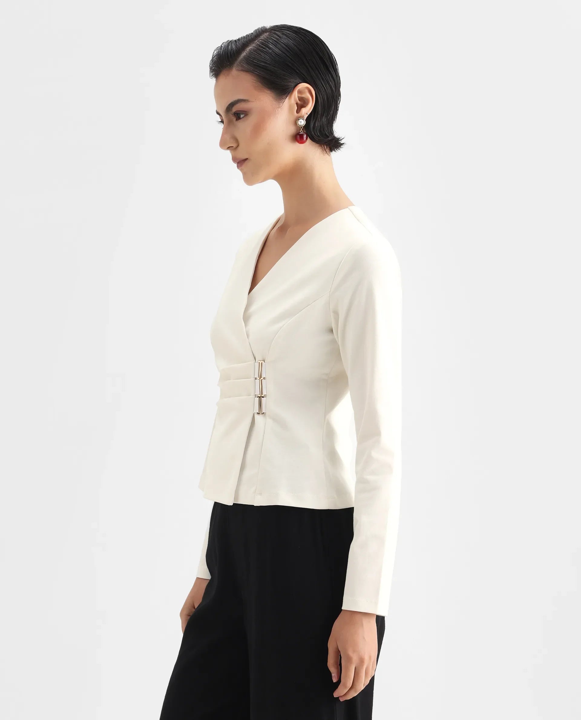 Rareism Women's Mellow White Polyester Blend V-Neck Plain Regular Fit Top