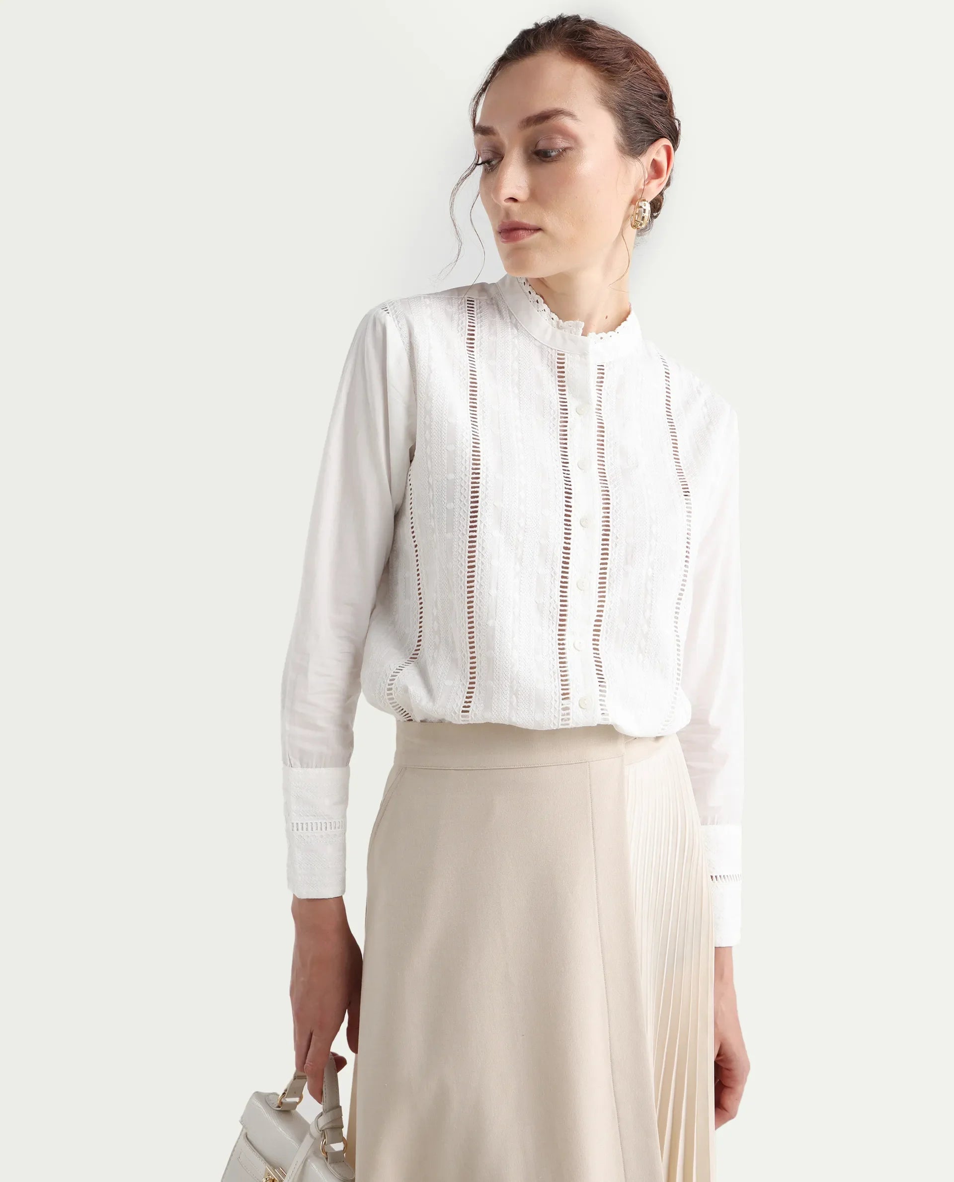 Rareism Women's Melloyo Off White Cotton Mandarin Collar Plain Cuffed Sleeve Regular Fit Top