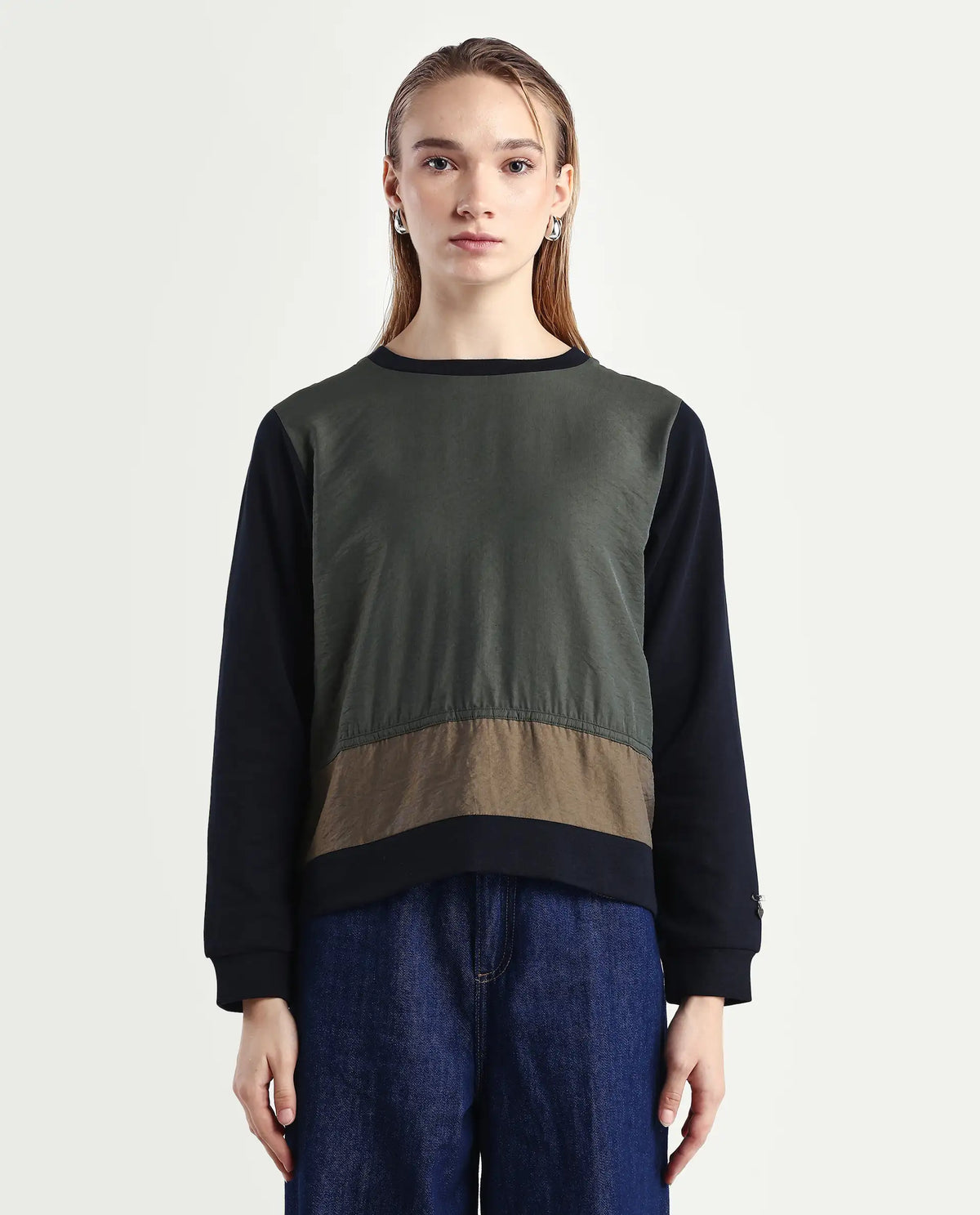 Rareism Women's Melone Dark Olive Cotton Blend Crew Neck Plain Relaxed Fit Sweatshirt