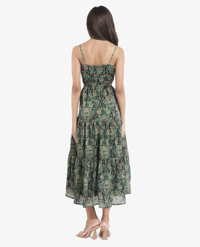 Rareism Women Melvin Dark Green Shoulder Straps Shoulder Straps  Fit And Flare Maxi Floral Print Dress