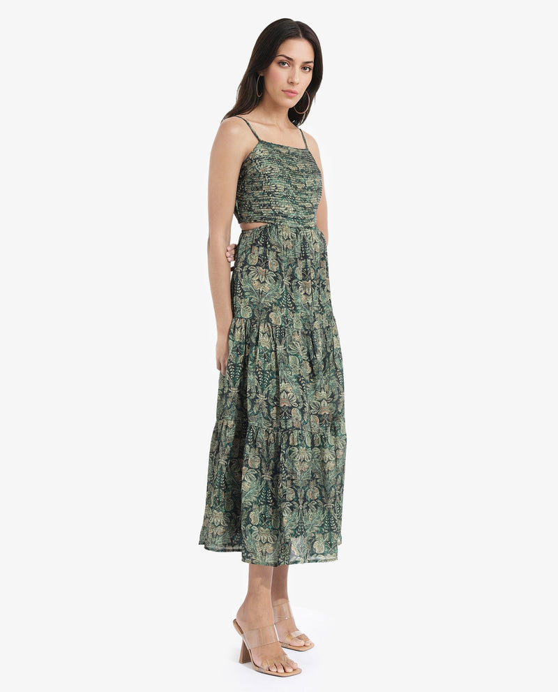 Rareism Women Melvin Dark Green Shoulder Straps Shoulder Straps  Fit And Flare Maxi Floral Print Dress