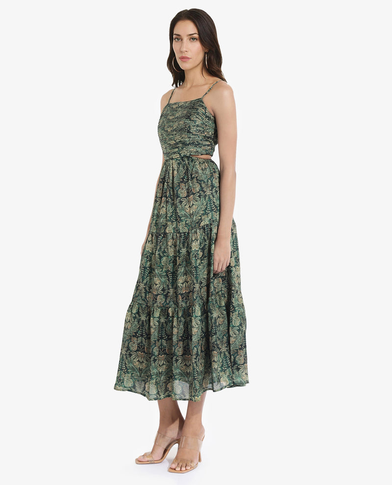 Rareism Women Melvin Dark Green Shoulder Straps Shoulder Straps  Fit And Flare Maxi Floral Print Dress