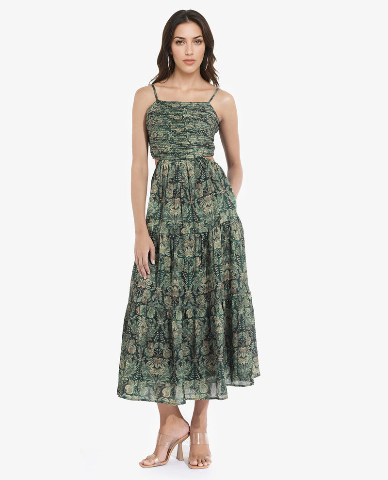 Rareism Women Melvin Dark Green Shoulder Straps Shoulder Straps  Fit And Flare Maxi Floral Print Dress