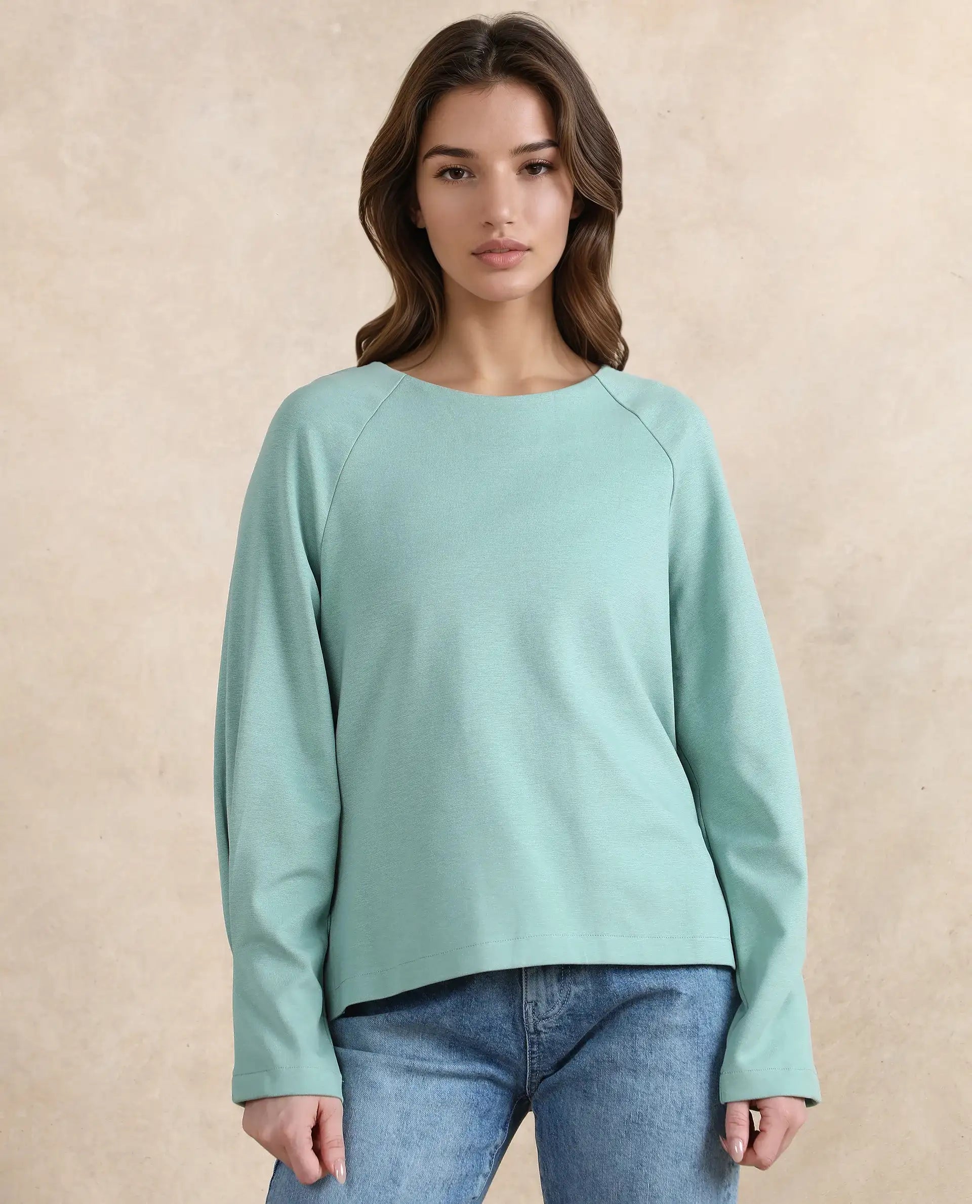 Rareism Women's Men'sto Dusky Green Cotton Blend Crew Neck Plain Relaxed Fit Sweatshirt