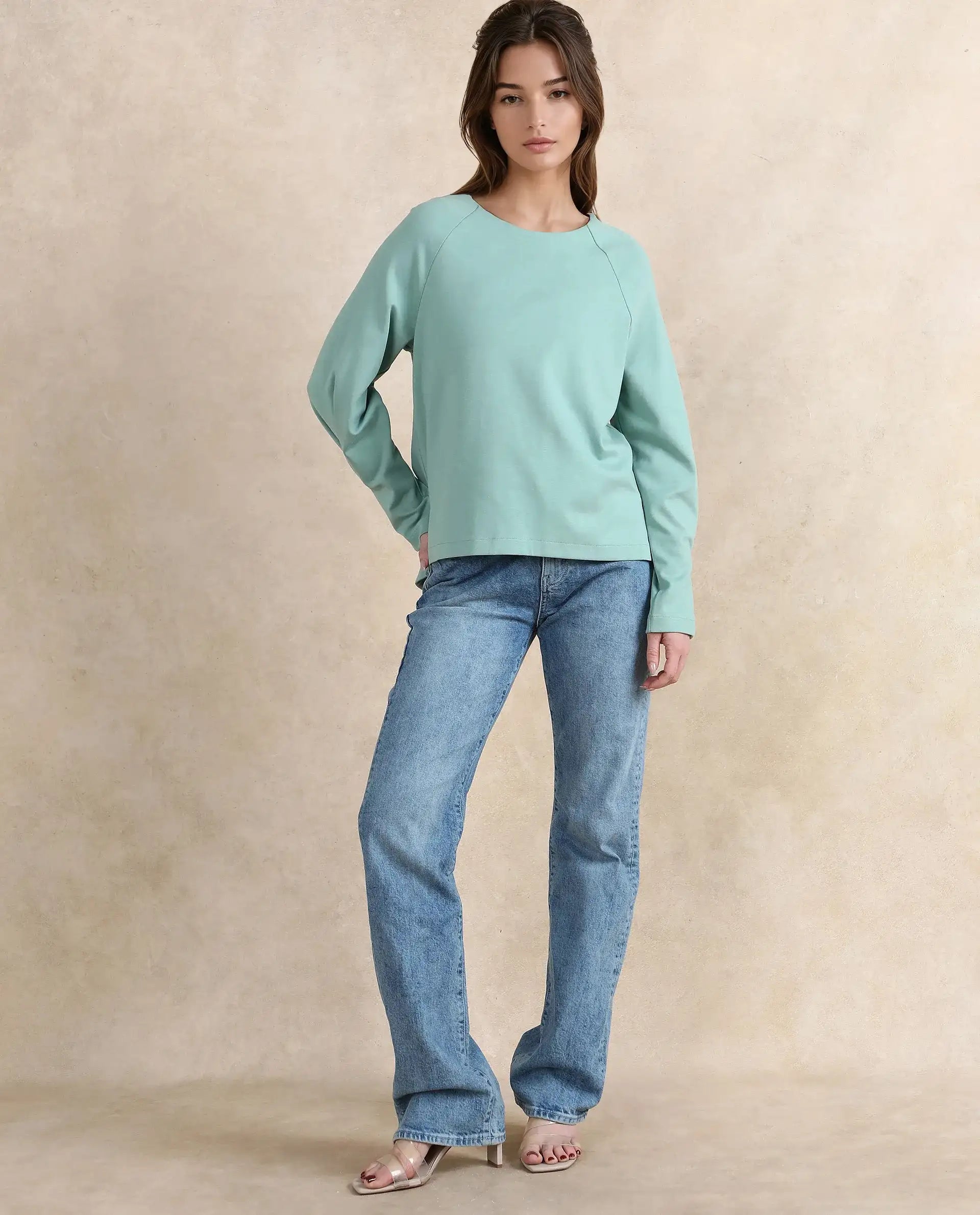 Rareism Women's Men'sto Dusky Green Cotton Blend Crew Neck Plain Relaxed Fit Sweatshirt