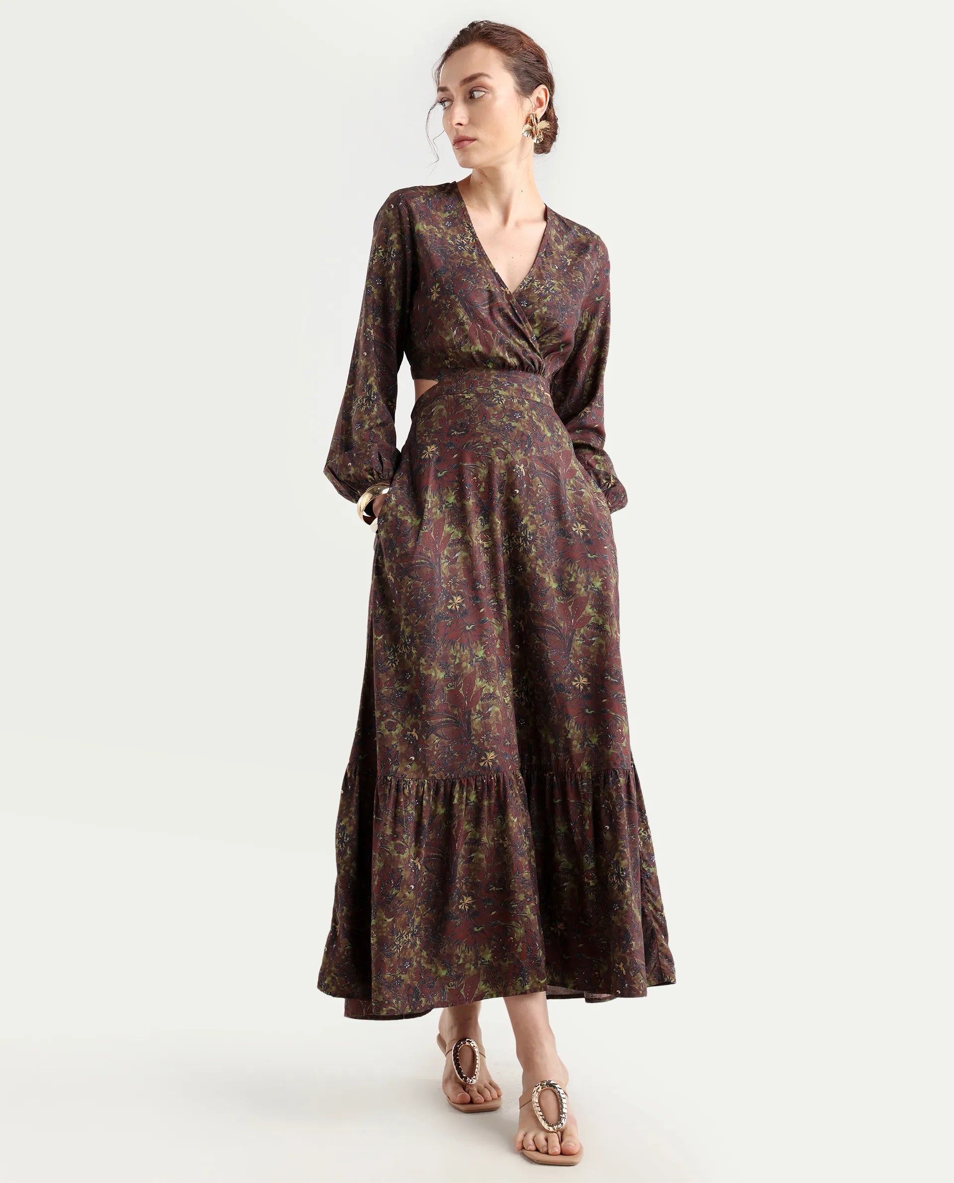 Rareism Women's Meppo Multi Viscose Overlap Neck Floral Print Bishop Sleeve Maxi Fit And Flare Dress