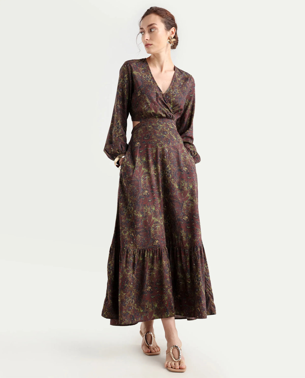 Rareism Women's Meppo Multi Viscose Overlap Neck Floral Print Bishop Sleeve Maxi Fit And Flare Dress