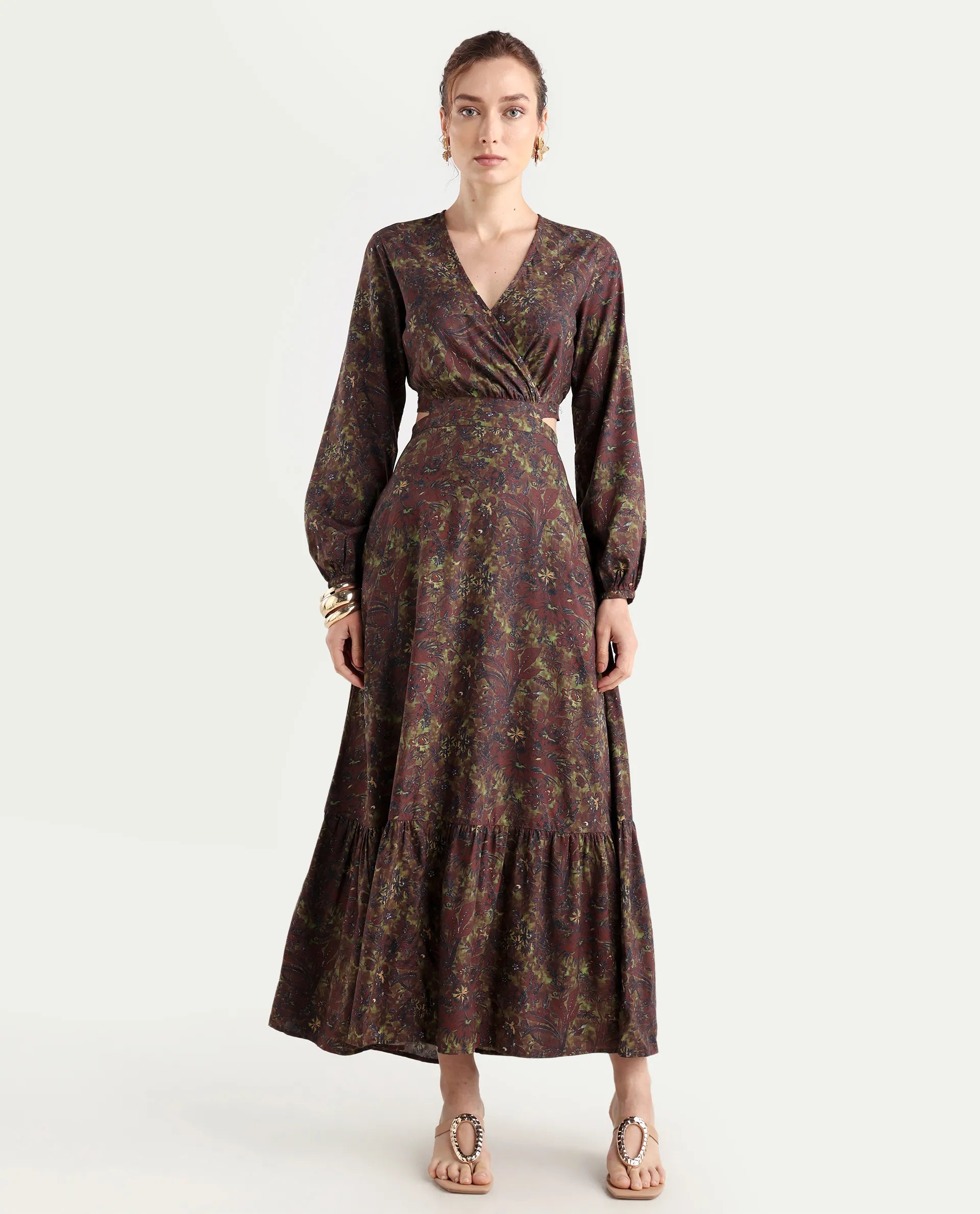 Rareism Women's Meppo Multi Viscose Overlap Neck Floral Print Bishop Sleeve Maxi Fit And Flare Dress