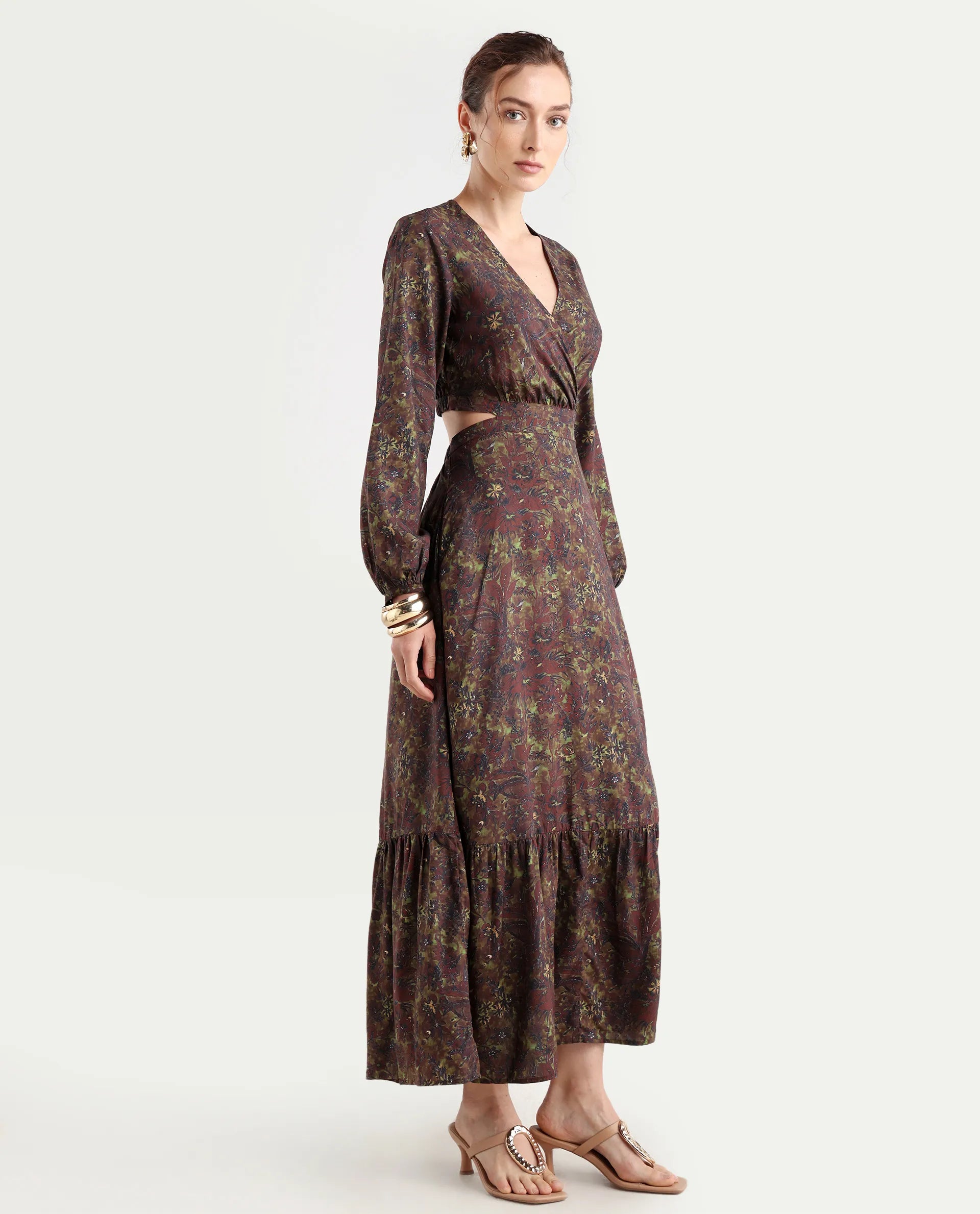 Rareism Women's Meppo Multi Viscose Overlap Neck Floral Print Bishop Sleeve Maxi Fit And Flare Dress