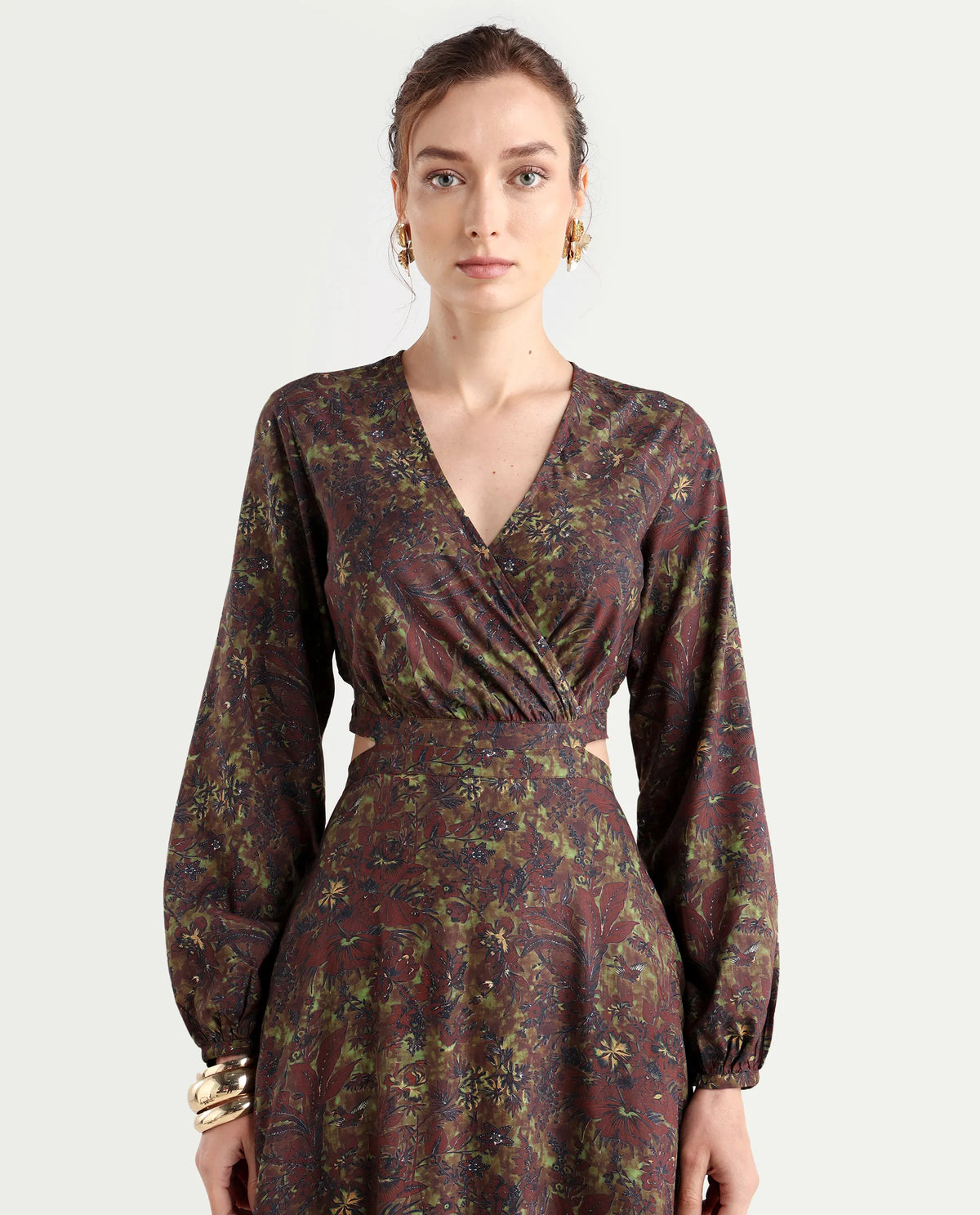 Rareism Women's Meppo Multi Viscose Overlap Neck Floral Print Bishop Sleeve Maxi Fit And Flare Dress