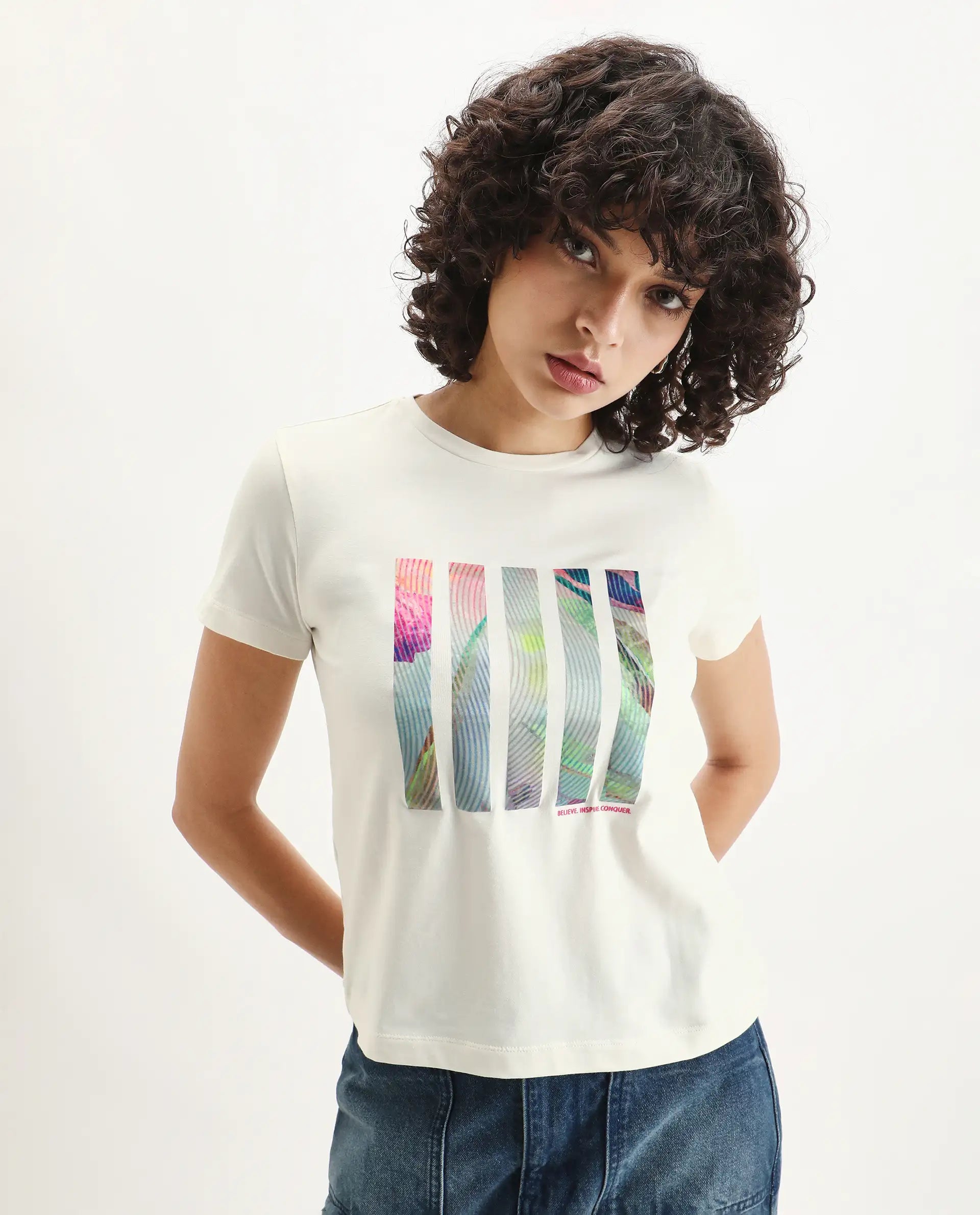 Rareism Women's Merch Off White Cotton Blend Crew Neck Graphic Print Regular Fit T-Shirt