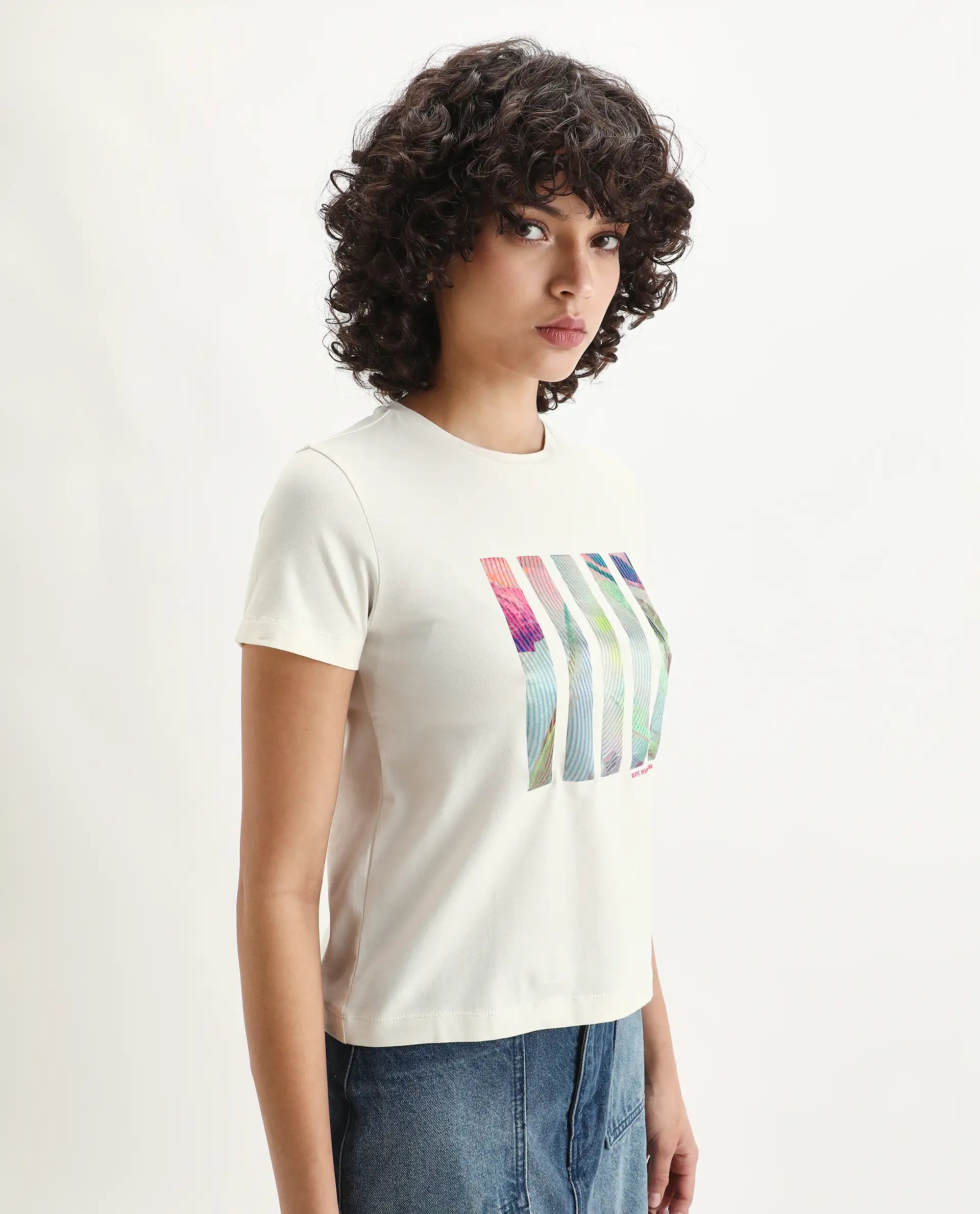 Rareism Women's Merch Off White Cotton Blend Crew Neck Graphic Print Regular Fit T-Shirt