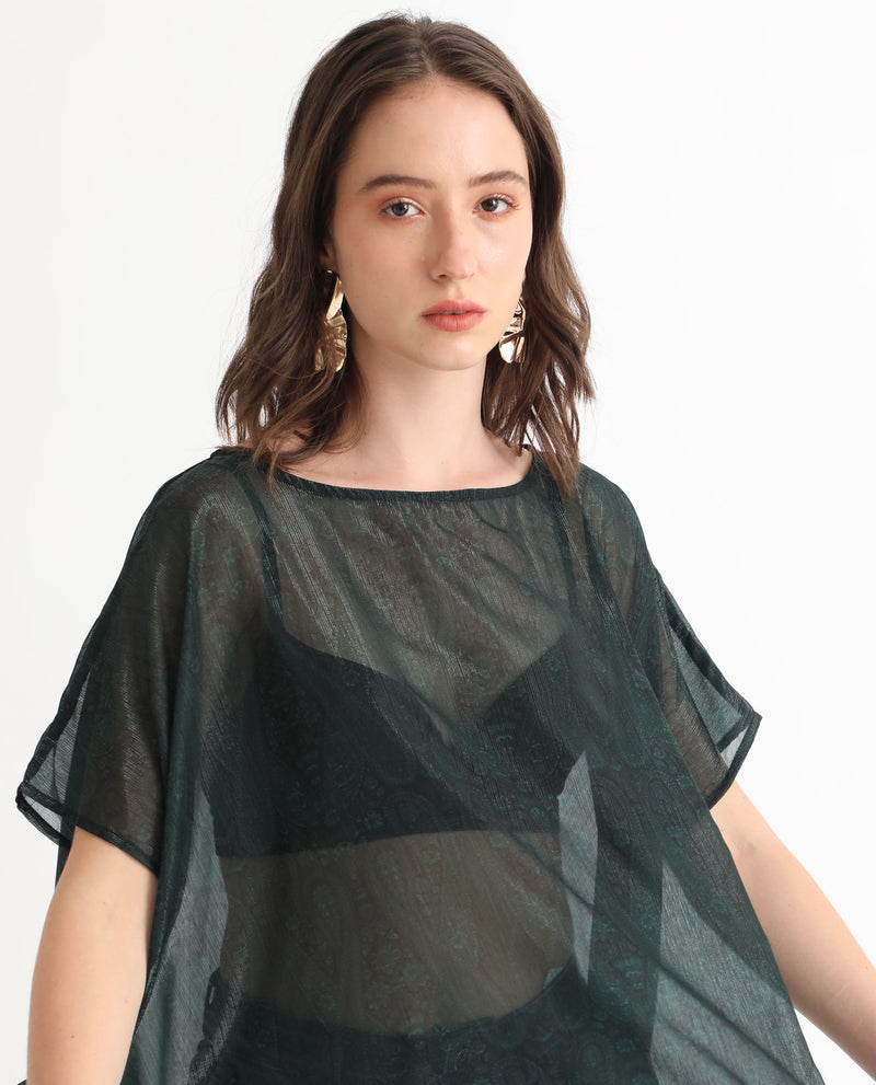 Rareism Women'S Meresa Dark Green Polyester Fabric Short Sleeves Boat Neck Regular Fit Plain Top