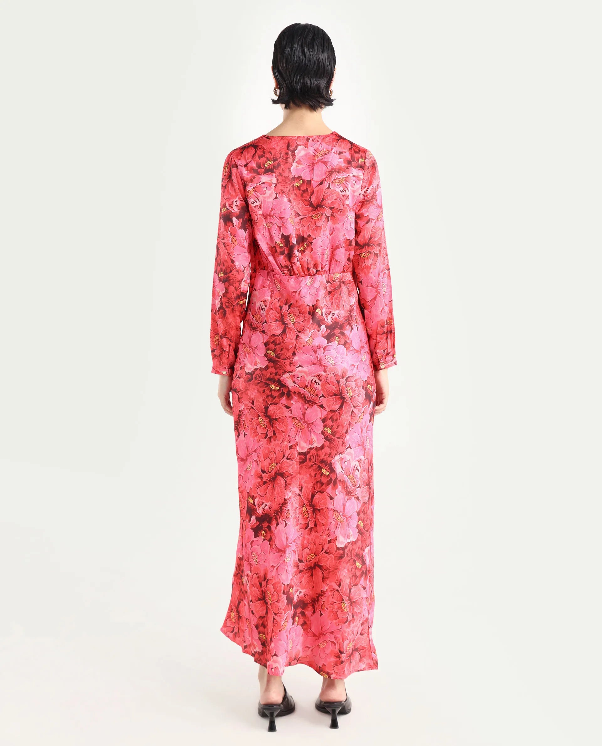 Rareism Women's Merlot Maroon Cotton V-Neck Floral Print Maxi Regular Fit Dress