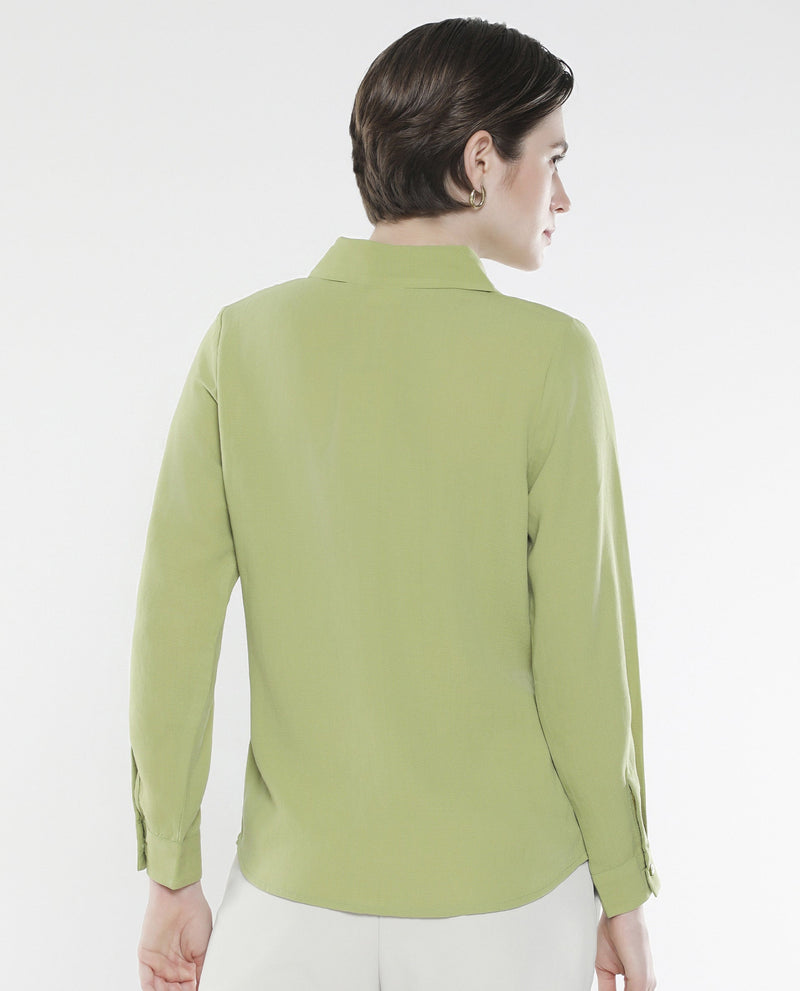 Rareism Women Mersin Light Green Cuffed Sleeves Collared Neck Button Closure Plain Top