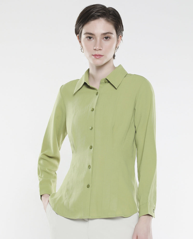 Rareism Women Mersin Light Green Cuffed Sleeves Collared Neck Button Closure Plain Top