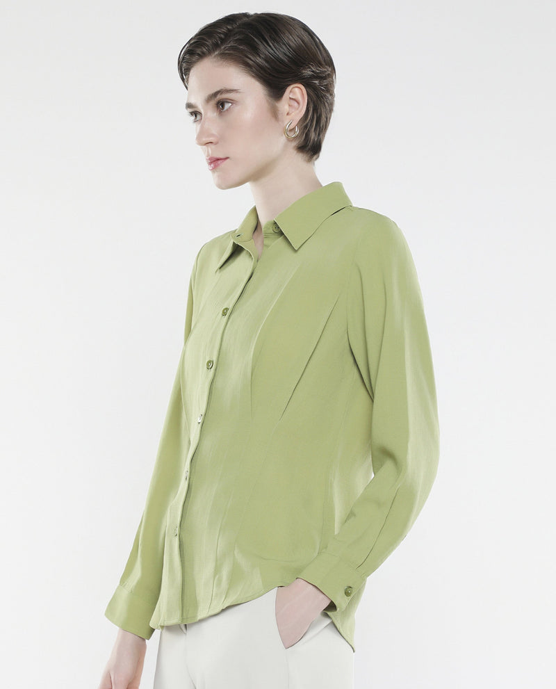 Rareism Women Mersin Light Green Cuffed Sleeves Collared Neck Button Closure Plain Top