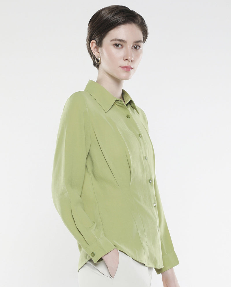 Rareism Women Mersin Light Green Cuffed Sleeves Collared Neck Button Closure Plain Top