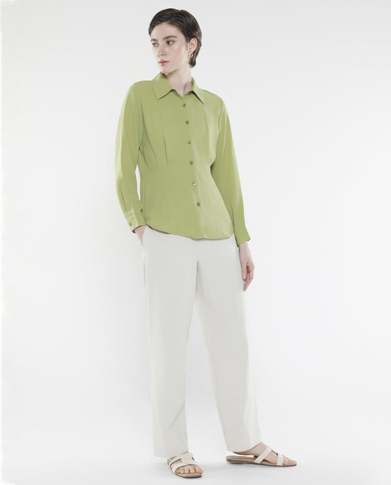 Rareism Women Mersin Light Green Cuffed Sleeves Collared Neck Button Closure Plain Top