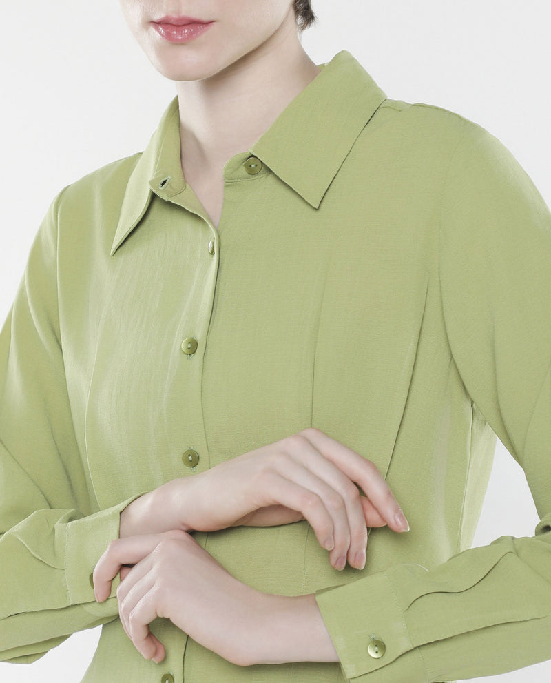 Rareism Women Mersin Light Green Cuffed Sleeves Collared Neck Button Closure Plain Top