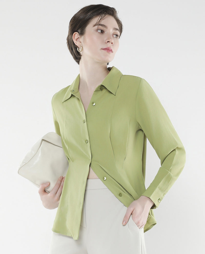 Rareism Women Mersin Light Green Cuffed Sleeves Collared Neck Button Closure Plain Top