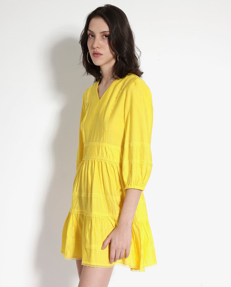 Rareism Women Meruf Yellow Poly Viscose Fabric 3/4Th Sleeves Zip Closure V-Neck Balloon Sleeve Regular Fit Plain Short Empire Dress