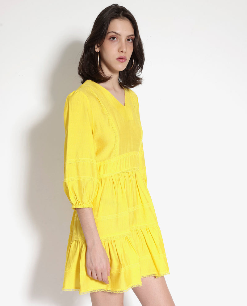 Rareism Women Meruf Yellow Poly Viscose Fabric 3/4Th Sleeves Zip Closure V-Neck Balloon Sleeve Regular Fit Plain Short Empire Dress