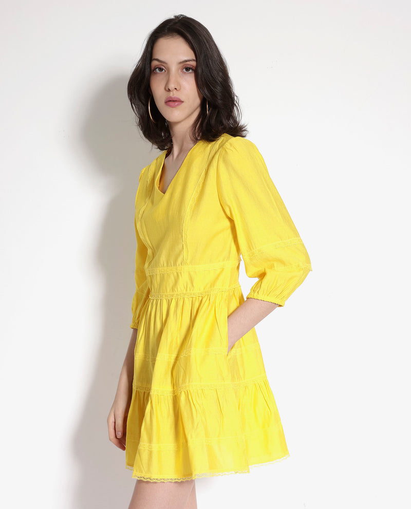 Rareism Women Meruf Yellow Poly Viscose Fabric 3/4Th Sleeves Zip Closure V-Neck Balloon Sleeve Regular Fit Plain Short Empire Dress