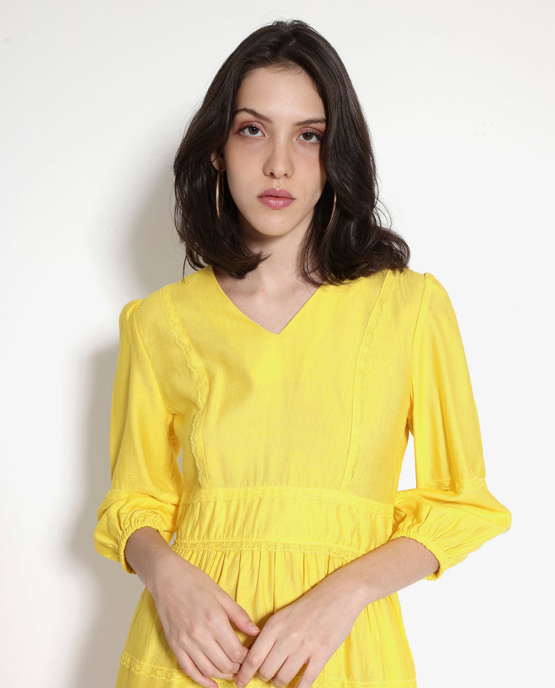 Rareism Women Meruf Yellow Poly Viscose Fabric 3/4Th Sleeves Zip Closure V-Neck Balloon Sleeve Regular Fit Plain Short Empire Dress