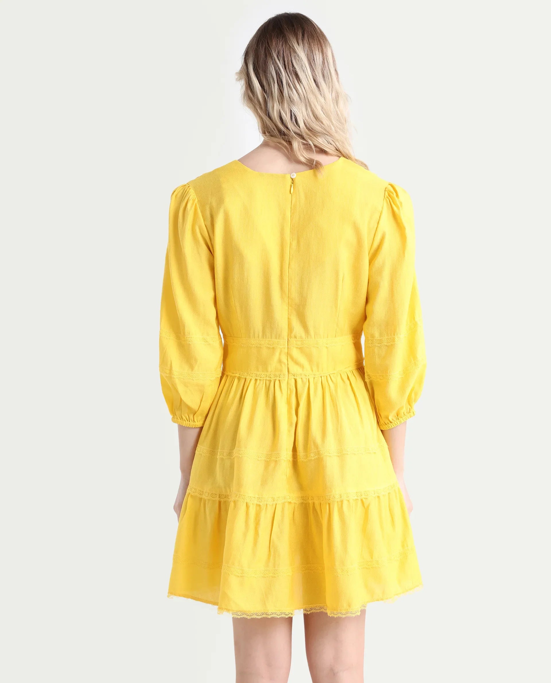 Rareism Women's Meruf Yellow Polyester Blend V-Neck Plain Balloon Sleeve Mini Regular Fit Dress