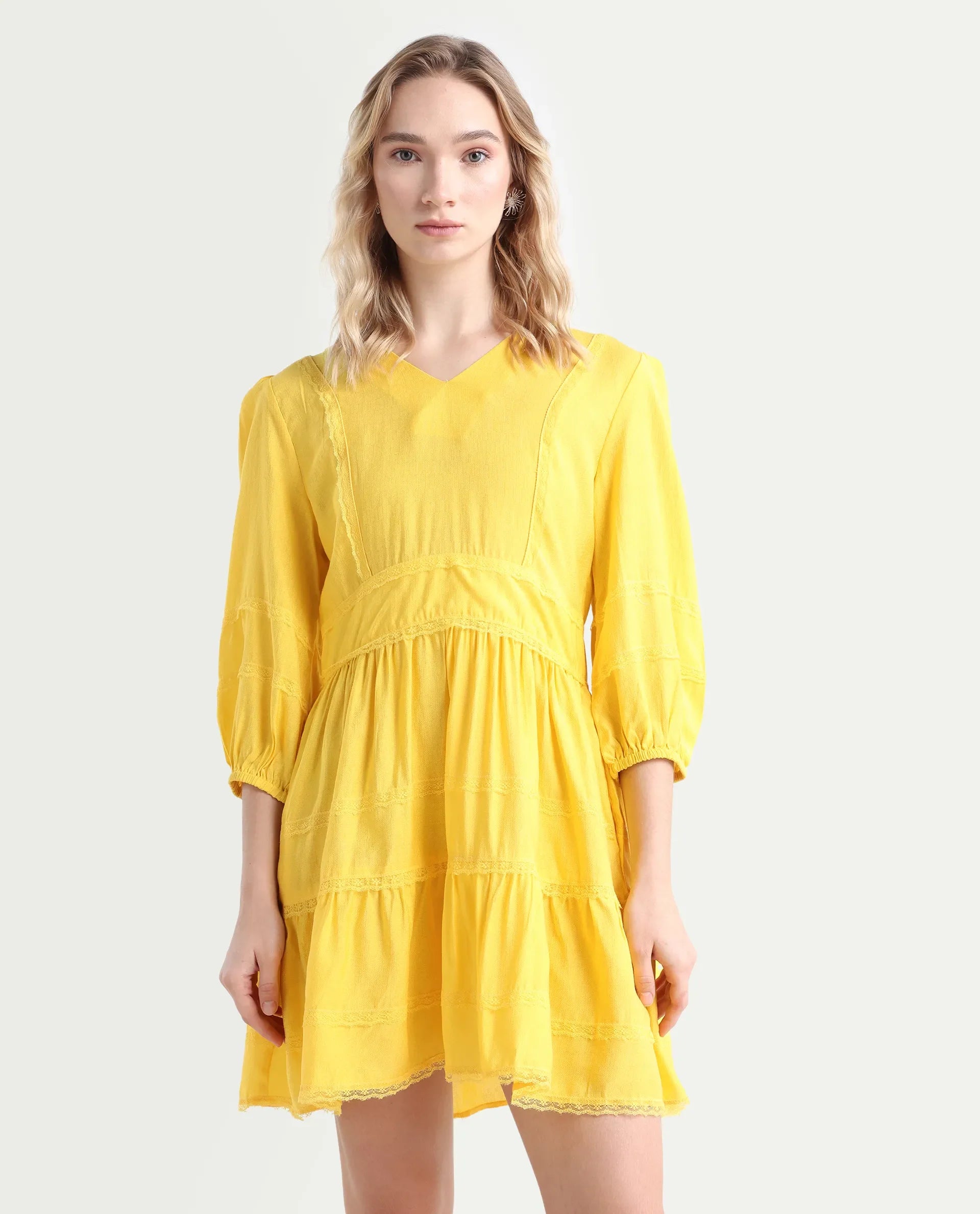 Rareism Women's Meruf Yellow Polyester Blend V-Neck Plain Balloon Sleeve Mini Regular Fit Dress