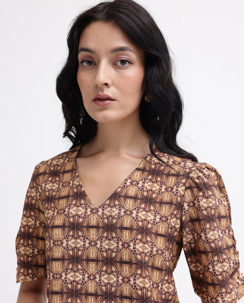 Rareism Women Messo Light Brown Poly Viscose Puff Sleeves V-Neck Abstract Print Top