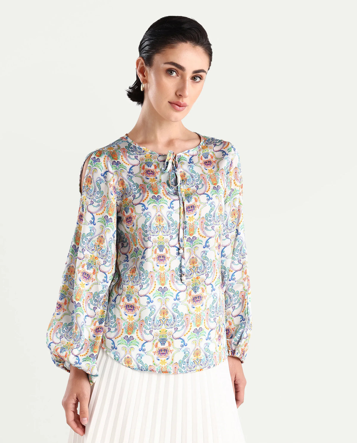 Rareism Women's Mester Multi Polyester Tie-Up Neck Paisley Print Bishop Sleeve Regular Fit Top