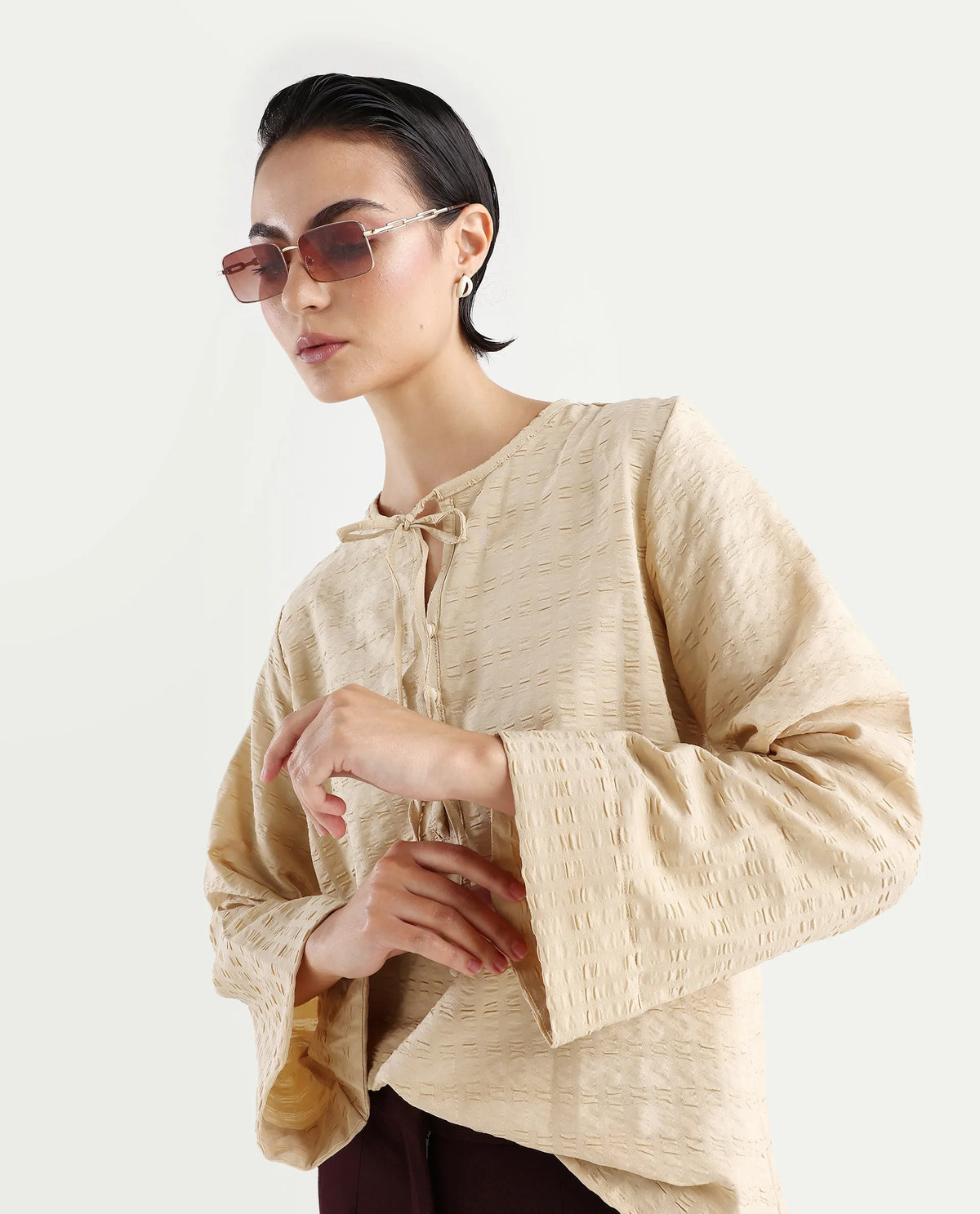 Rareism Women's Metio Light Beige Polyester Blend Tie-Up Neck Plain Relaxed Fit Top