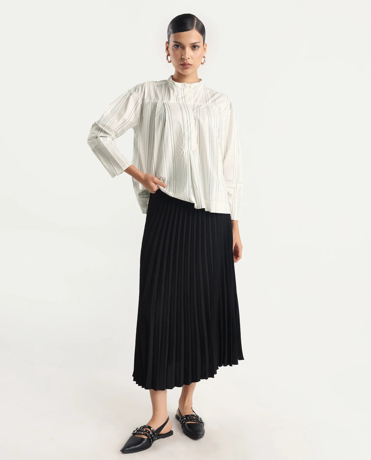 Rareism Women's Meton White Polyester Blend Mandarin Collar Striped Relaxed Fit Top