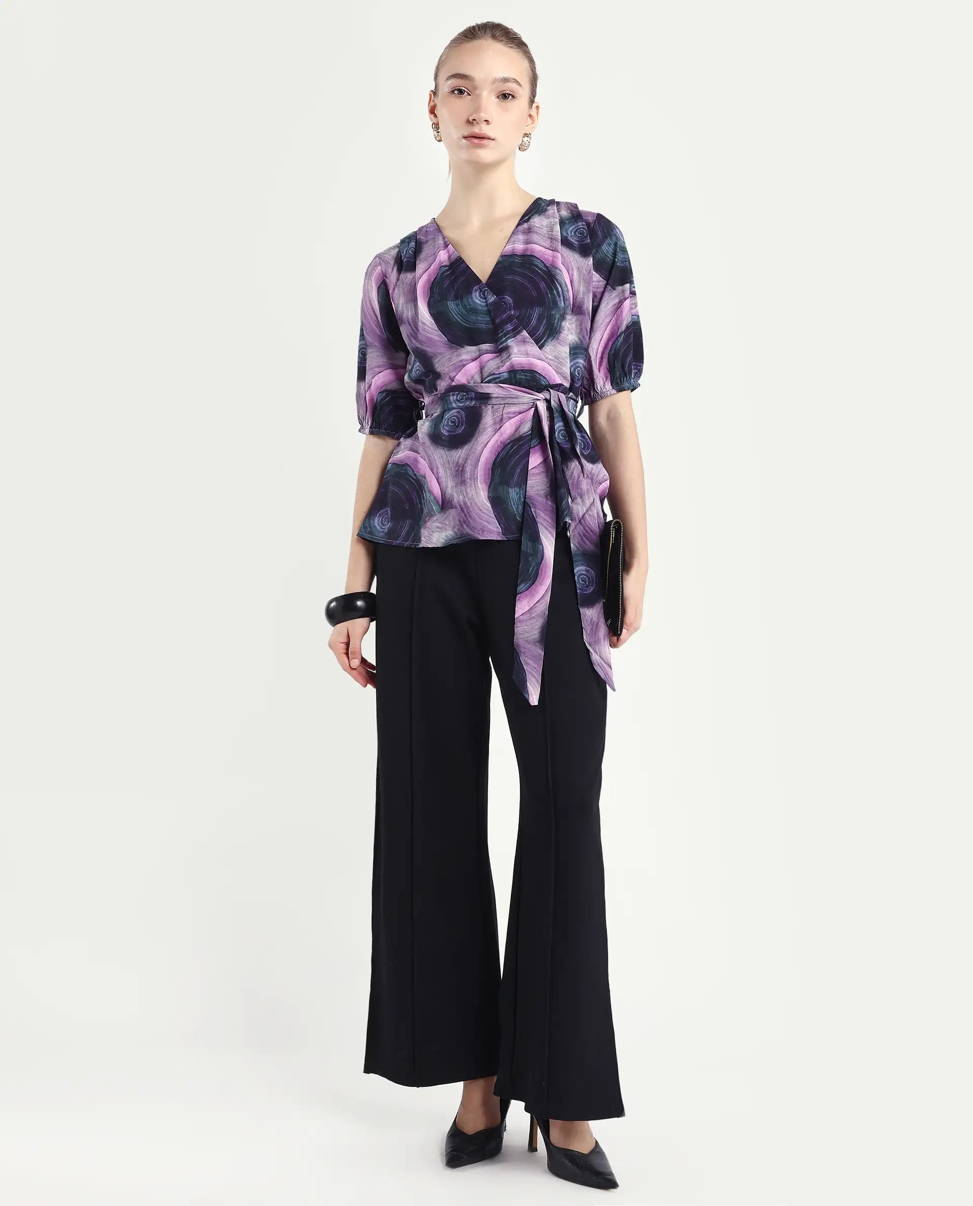 Rareism Women's Metunia Dark Multi Nylon Blend Overlap Neck Abstract Print Puff Sleeves Regular Fit Top
