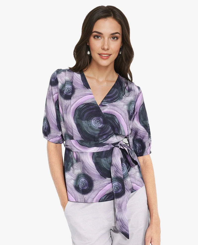 Rareism Women Metunia Dark Multi Puff Sleeves Over Lap Neck Abstract Print Top