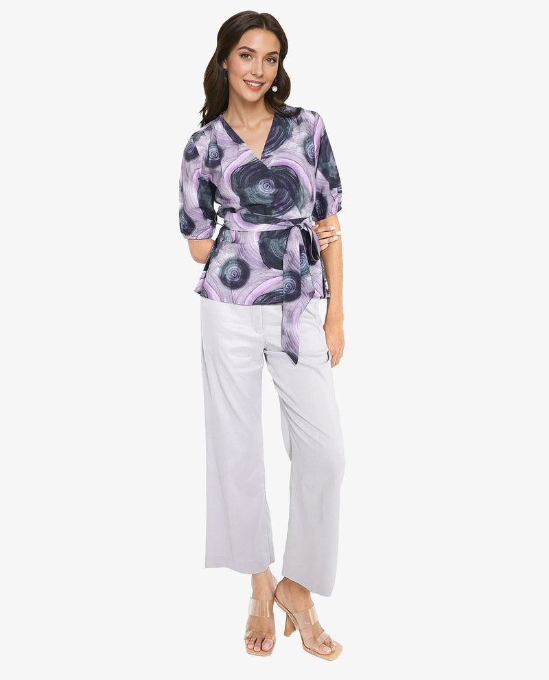 Rareism Women Metunia Dark Multi Puff Sleeves Over Lap Neck Abstract Print Top