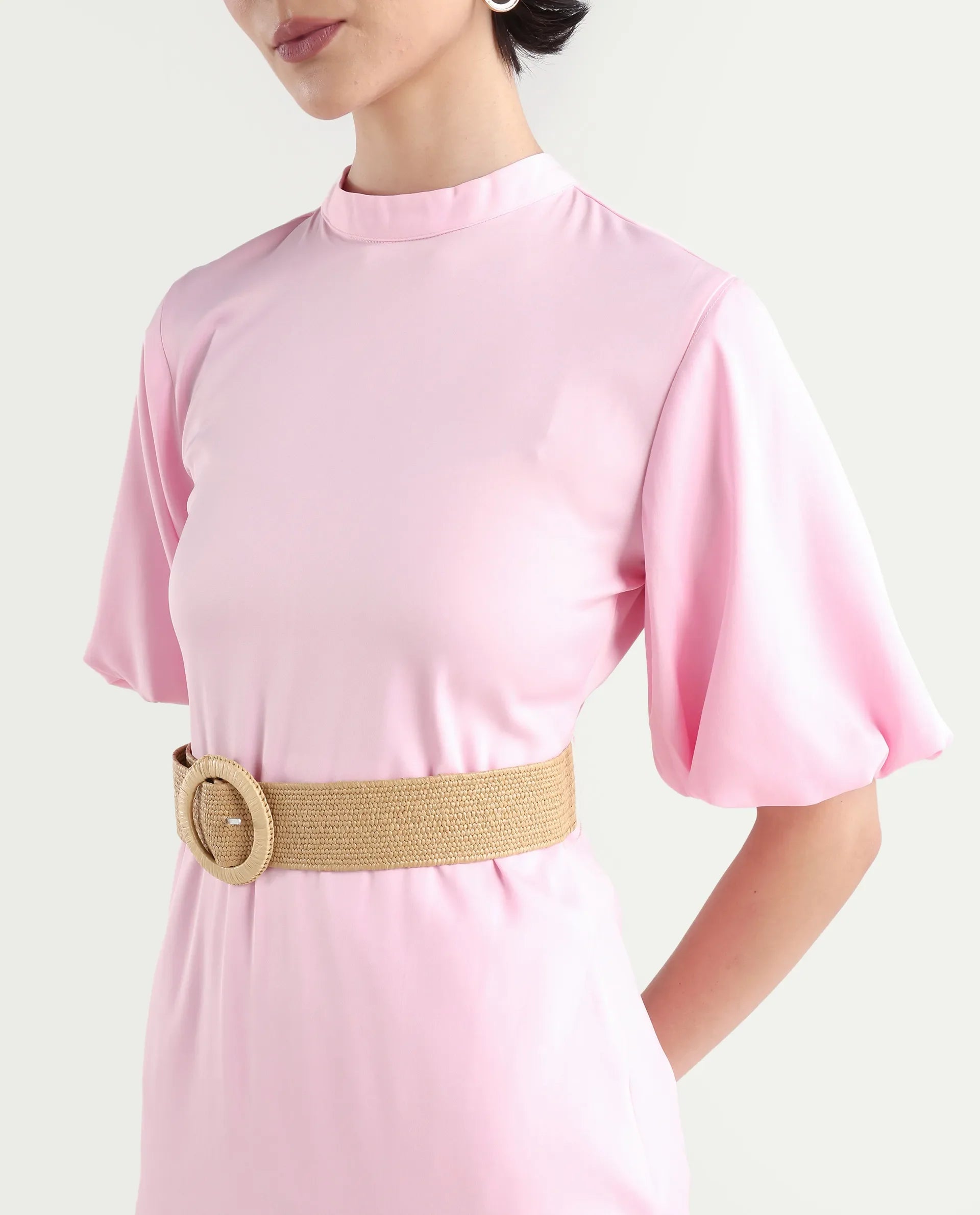 satin high neck balloon sleeve midi dress Black Satin High Neck Balloon Sleeve Midi Dress