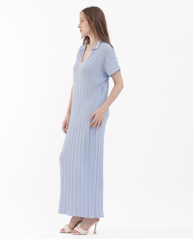 Rareism Women Meyora Light Blue Cotton Fabric Short Sleeves Johnny Collar Extended Sleeve Regular Fit Plain Maxi Dress