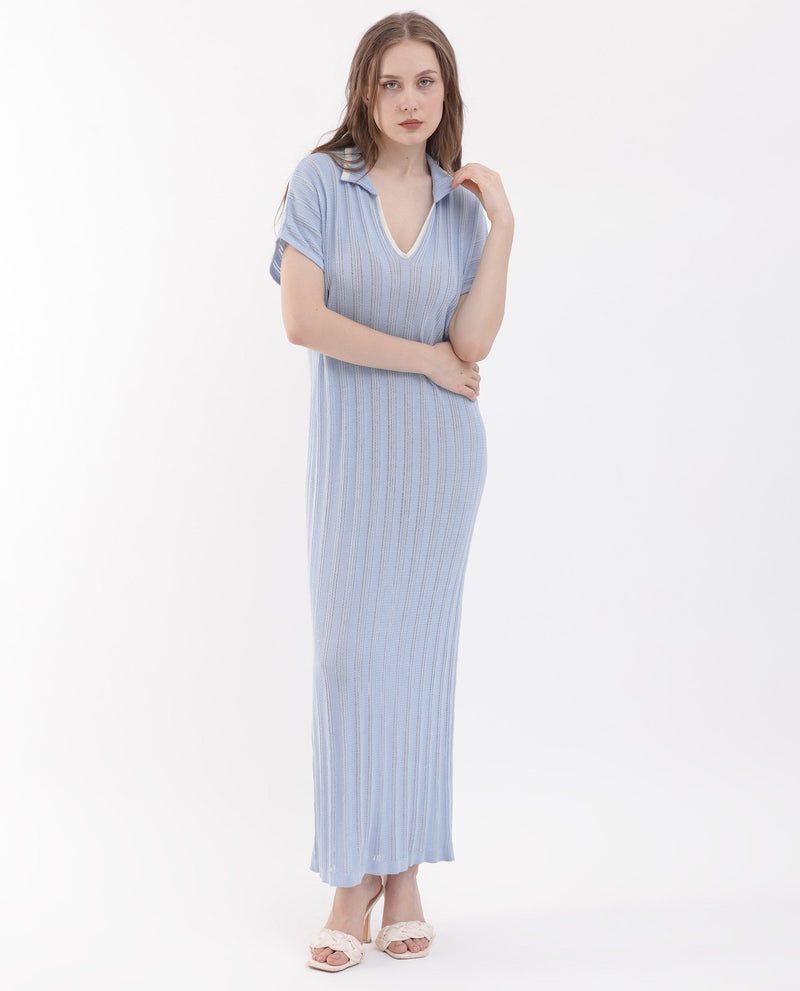 Rareism Women Meyora Light Blue Cotton Fabric Short Sleeves Johnny Collar Extended Sleeve Regular Fit Plain Maxi Dress