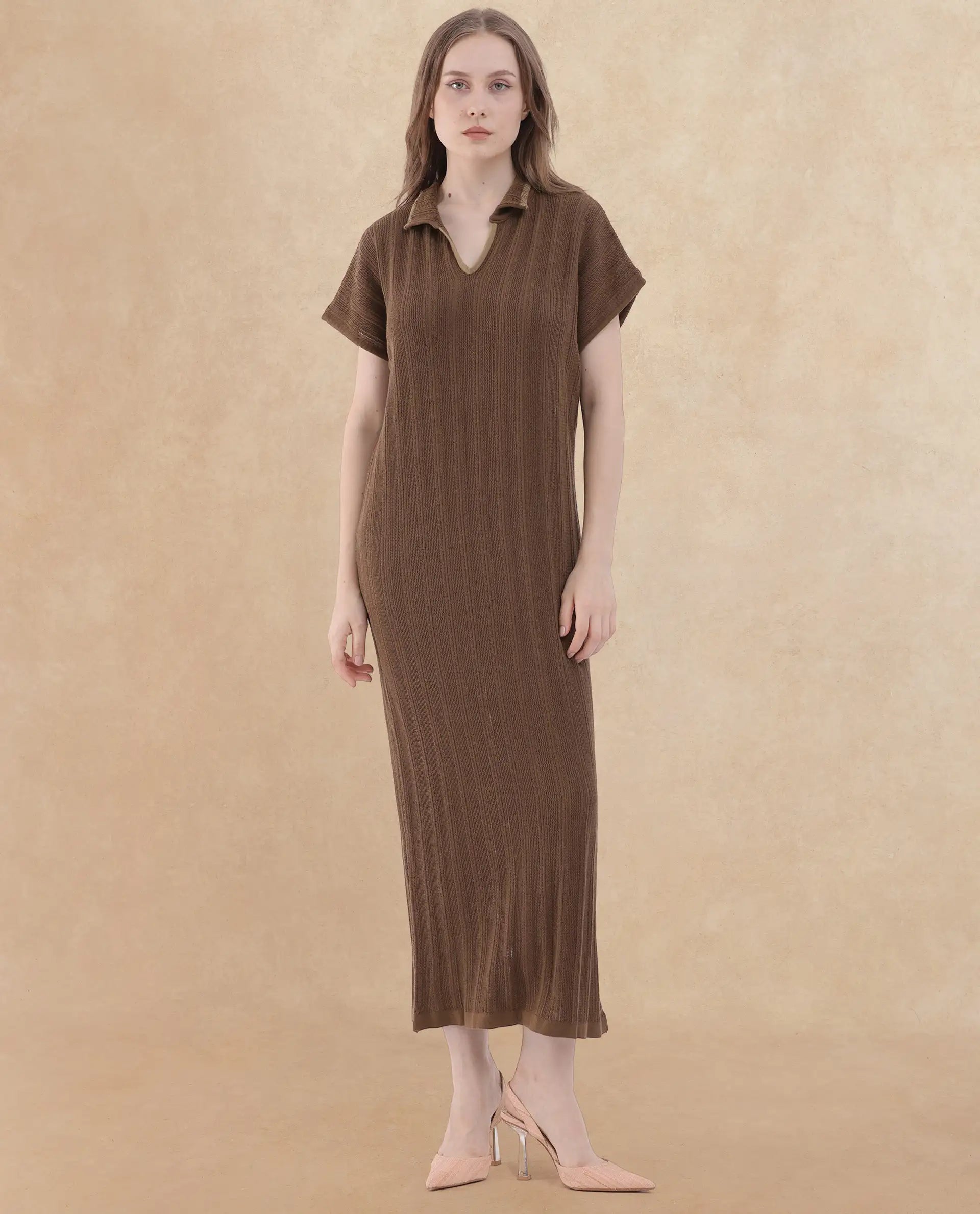 Rareism Women's Meyora Brown Cotton V-Neck Striped Maxi Relaxed Fit Dr Rareism Women's Meyora Brown Cotton V-Neck Striped Maxi Relaxed Fit Dr