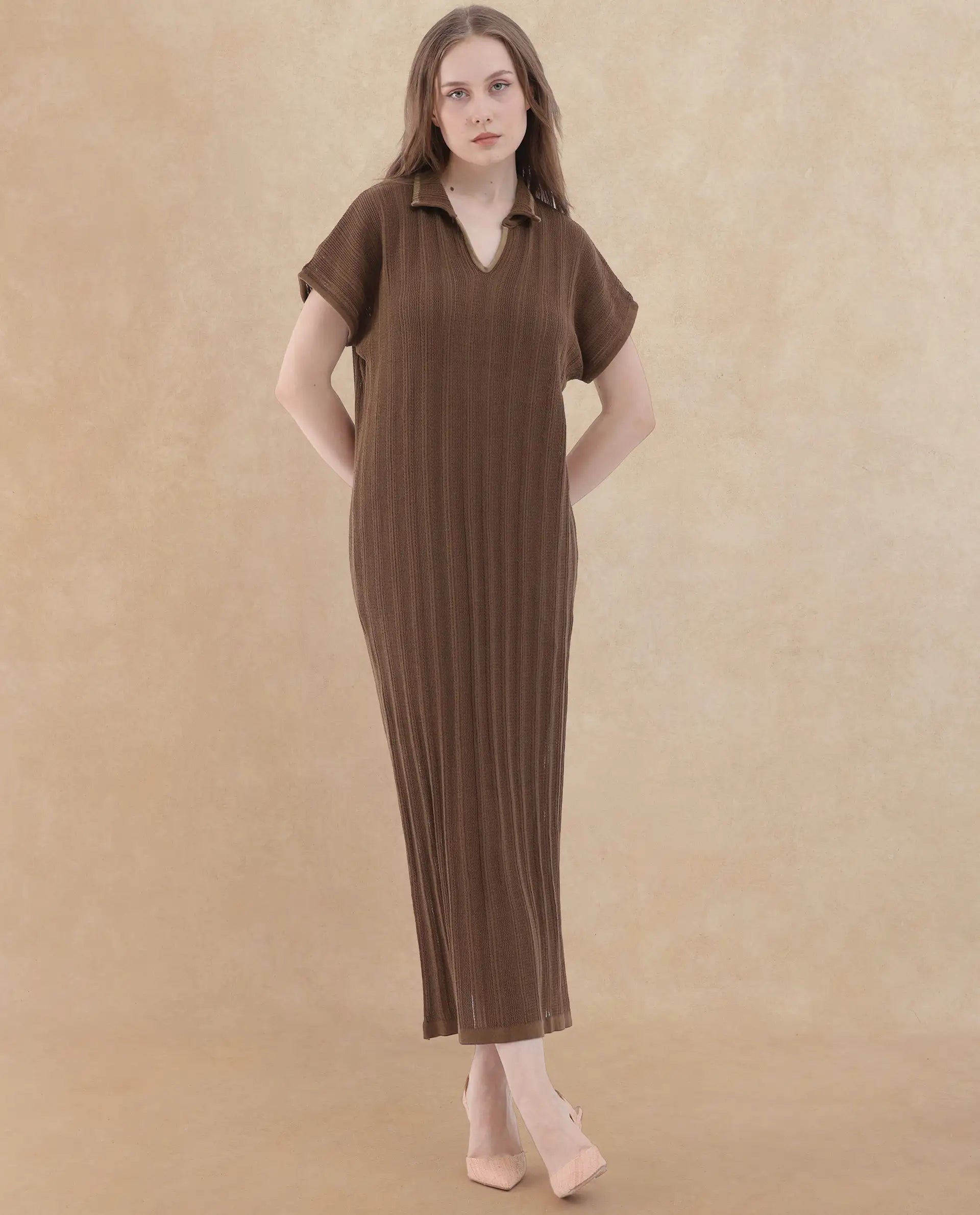 Rareism Women's Meyora Brown Cotton Fabric V-Neck Slip-On Closure Half Sleeve Striped Relaxed Fit Maxi Dress