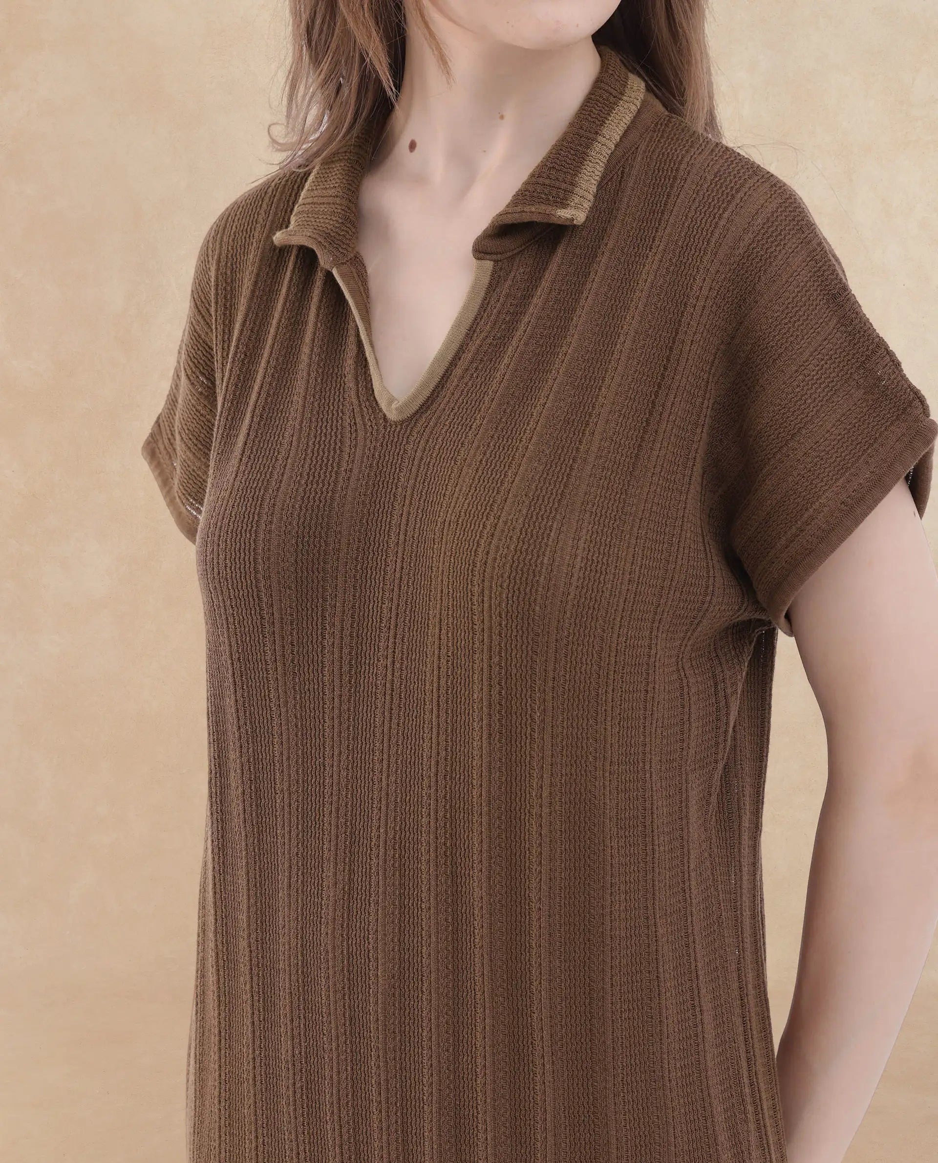 Rareism Women's Meyora Brown Cotton Fabric V-Neck Slip-On Closure Half Sleeve Striped Relaxed Fit Maxi Dress