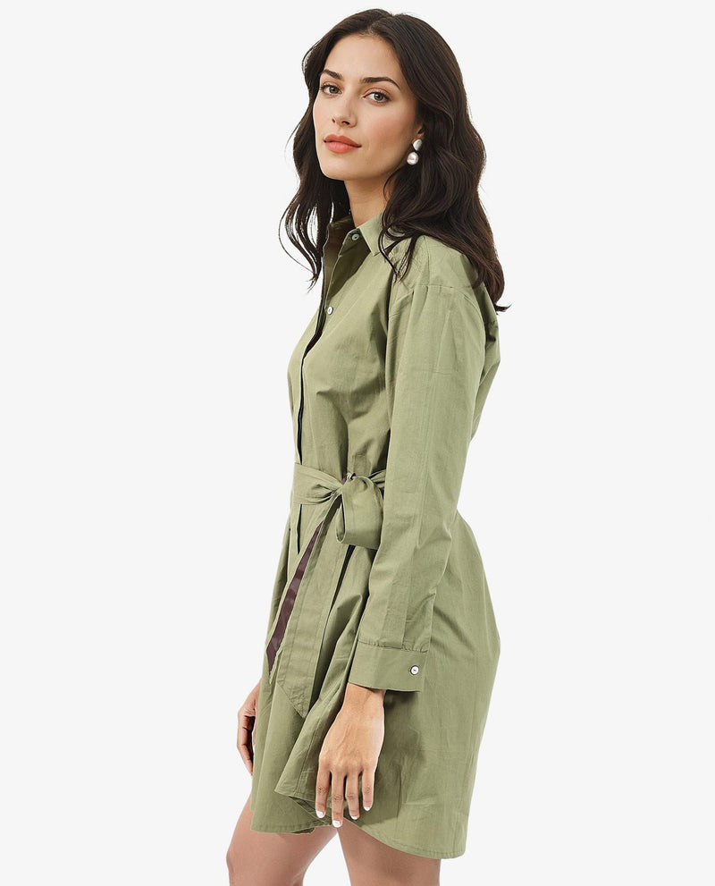 Rareism Women Meztli Green Cotton Fabric Over-Dyed Shirt Dress