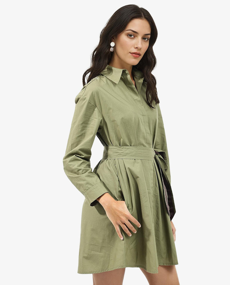 Rareism Women Meztli Green Cotton Fabric Over-Dyed Shirt Dress