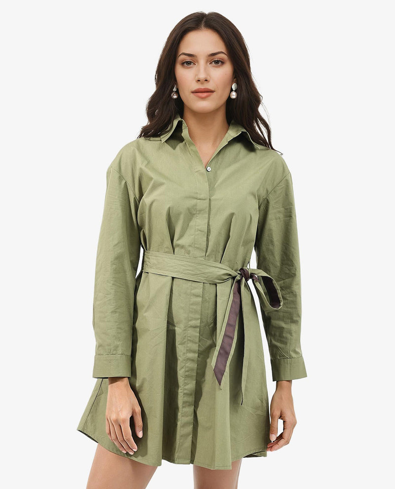 Rareism Women Meztli Green Cotton Fabric Over-Dyed Shirt Dress