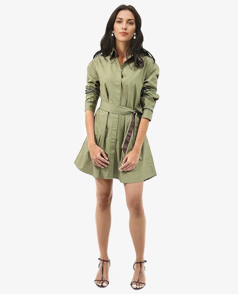 Rareism Women Meztli Green Cotton Fabric Over-Dyed Shirt Dress