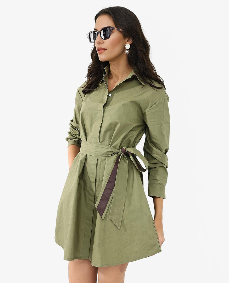 Rareism Women Meztli Green Cotton Fabric Over-Dyed Shirt Dress