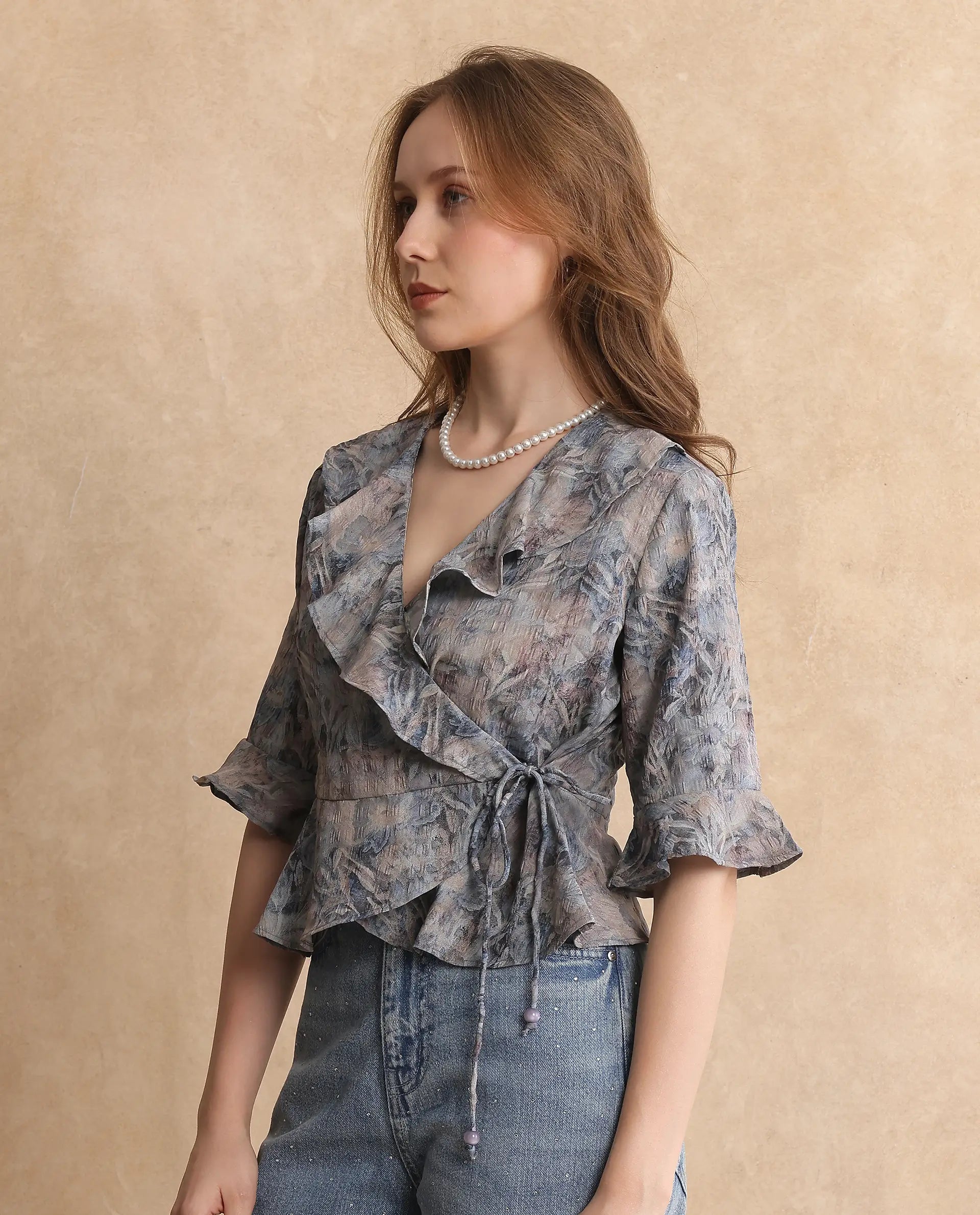 Rareism Women's Miben Dusky Multi Polyester Blend Ruffled Neck Floral Print Crop Regular Fit Top